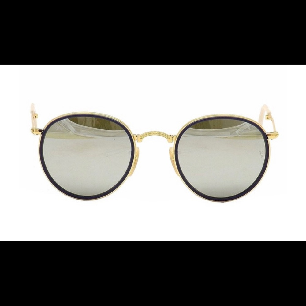 Ray ban round sunglasses with mirrored, blue-rimmed lense